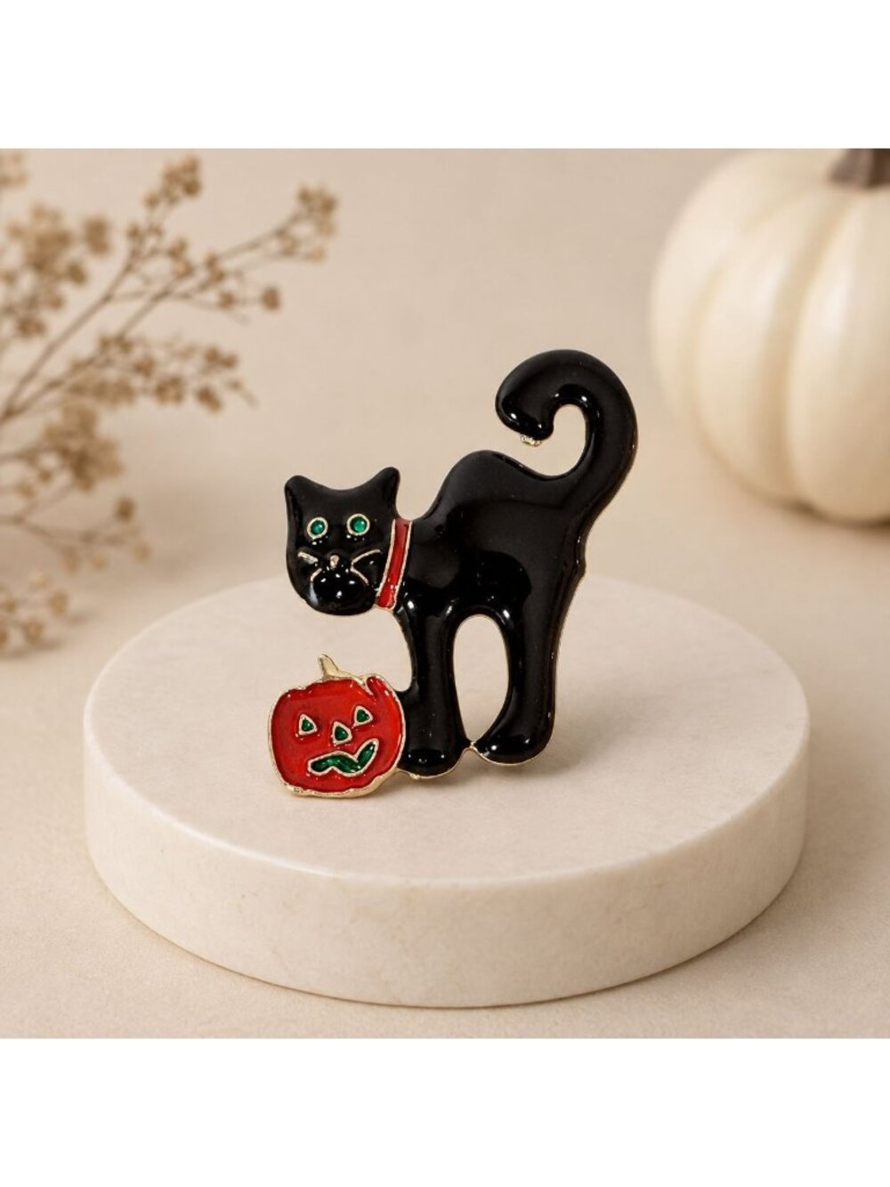 Halloween Black Cat Pumpkin Brooch Enamel Vtg Y2K Spooky Pin Green Eyes Jewelry